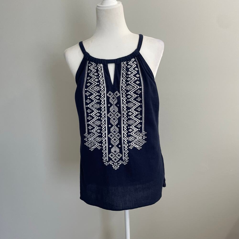 Merona Embroidered Tank Western Festival Top Size Small Navy
